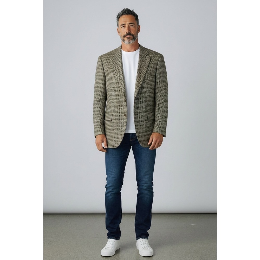 Men's Houndstooth Sport Coat Blazer **Short Sleeves Check Pictures**-Olive/Beige